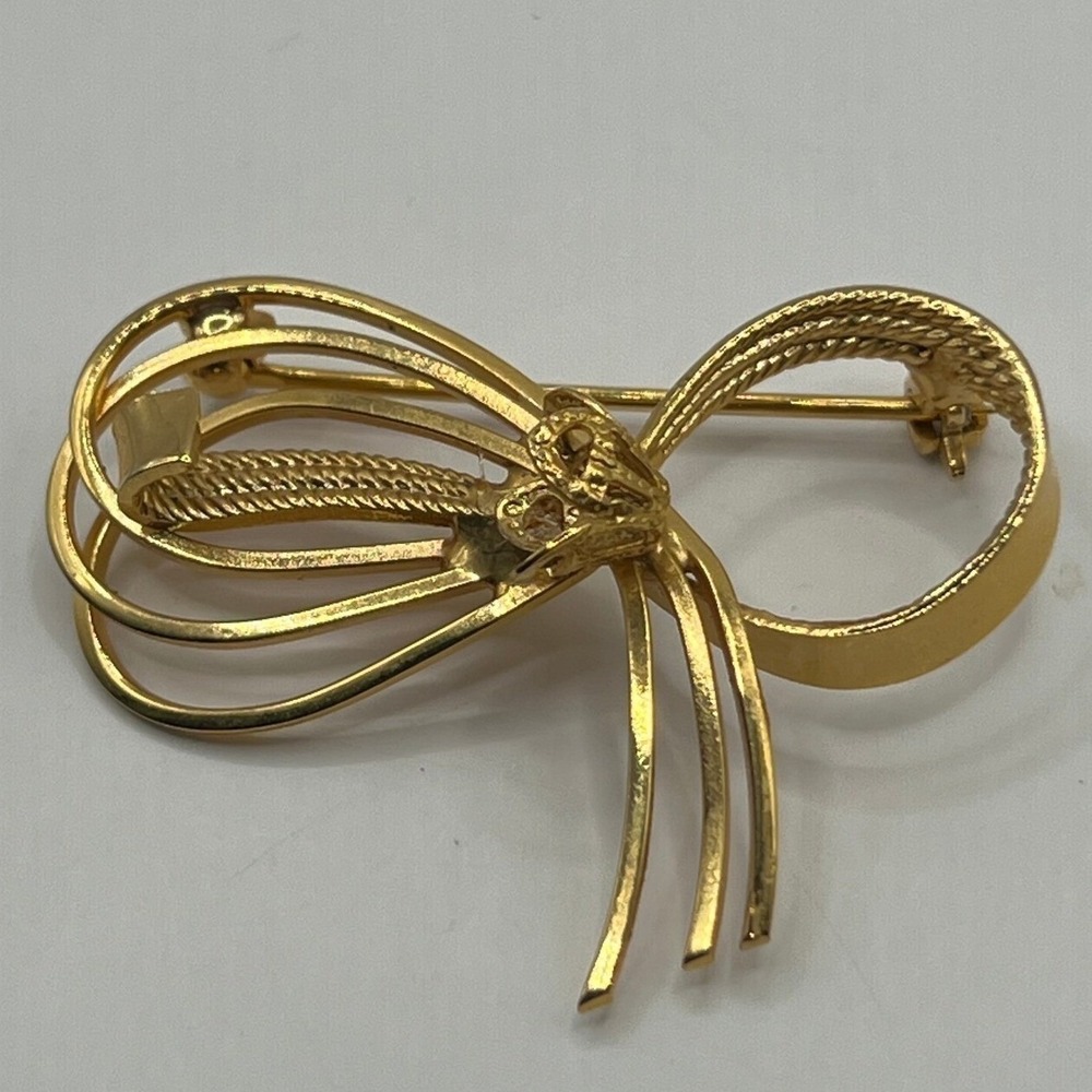 Vintage Assemetrical Bow Brooch Shiny Brushed Gold Tone Pin